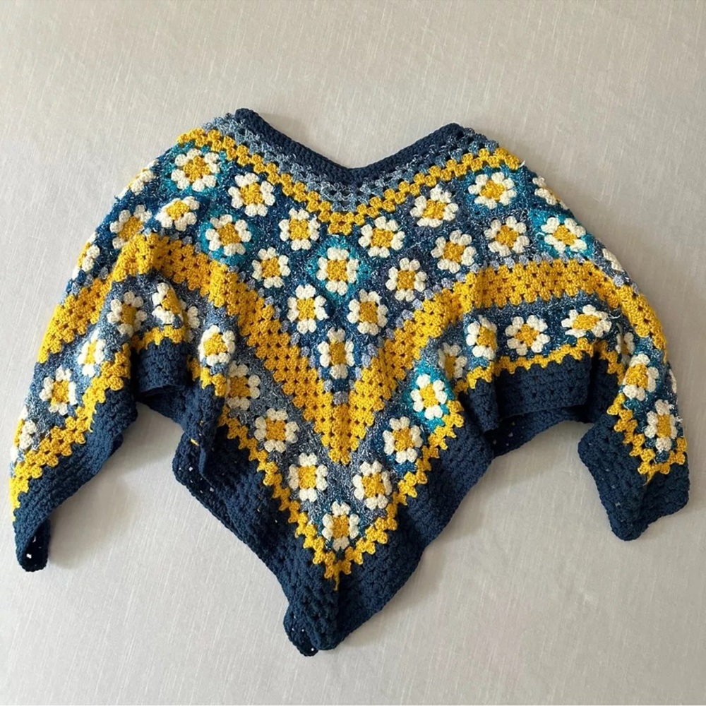 Handmade Blue Yellow Teal White Crochet Poncho Daisy Bohemian